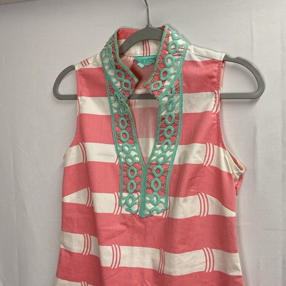 SAIL TO SABLE STS Sleeveless Embroidered V-Neck Dress Pink/White Stripe Small - Picture 3 of 6